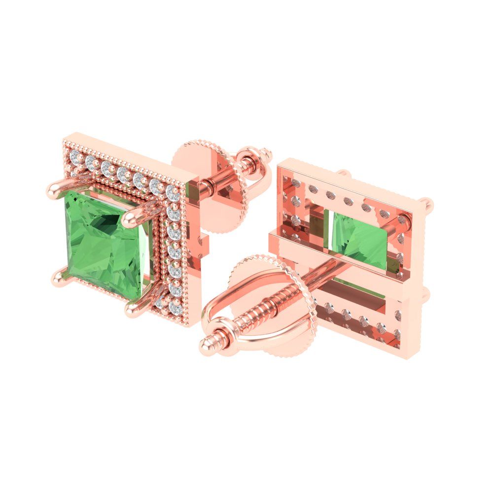 2.24 ctw Green Zirconia Studs Earrings | 5.5mm Princess Cut White Gold Screw back | April Birthstone