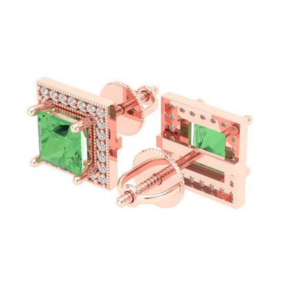 2.24 ctw Green Zirconia Studs Earrings | 5.5mm Princess Cut White Gold Screw back | April Birthstone