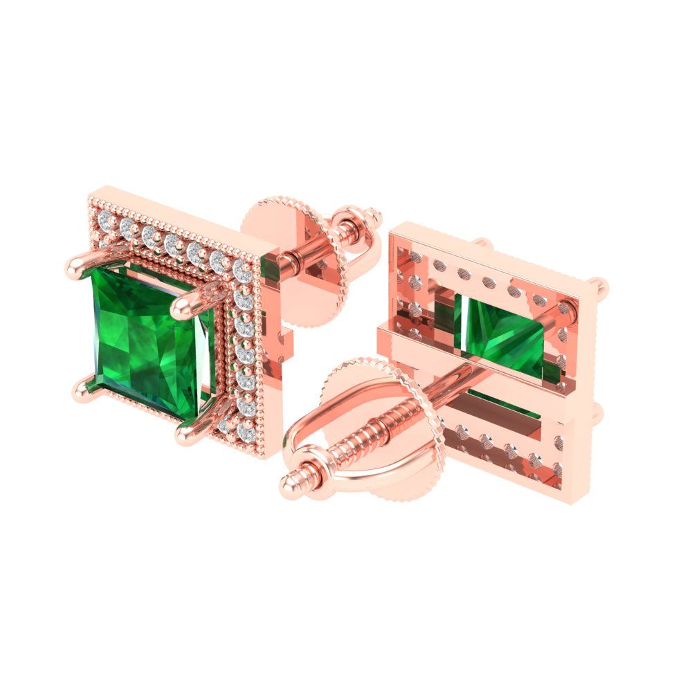 2.24 ctw Emerald Studs Earrings | 5.5mm Princess Cut White Gold Screw back | May Birthstone
