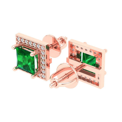 2.24 ctw Emerald Studs Earrings | 5.5mm Princess Cut White Gold Screw back | May Birthstone