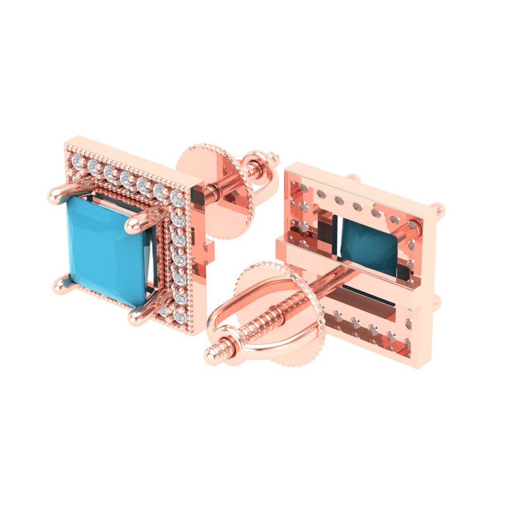 2.24 ctw Turquoise Studs Earrings | 5.5mm Princess Cut White Gold Screw back | December Birthstone