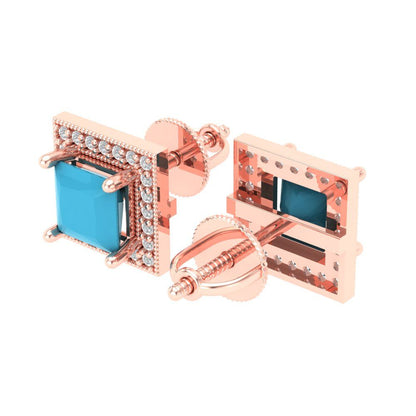 2.24 ctw Turquoise Studs Earrings | 5.5mm Princess Cut White Gold Screw back | December Birthstone