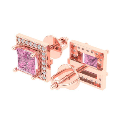 2.24 ctw Pink Zirconia Studs Earrings | 5.5mm Princess Cut White Gold Screw back | April Birthstone
