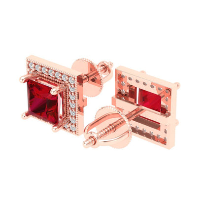 2.24 ctw Ruby Studs Earrings | 5.5mm Princess Cut White Gold Screw back | July Birthstone