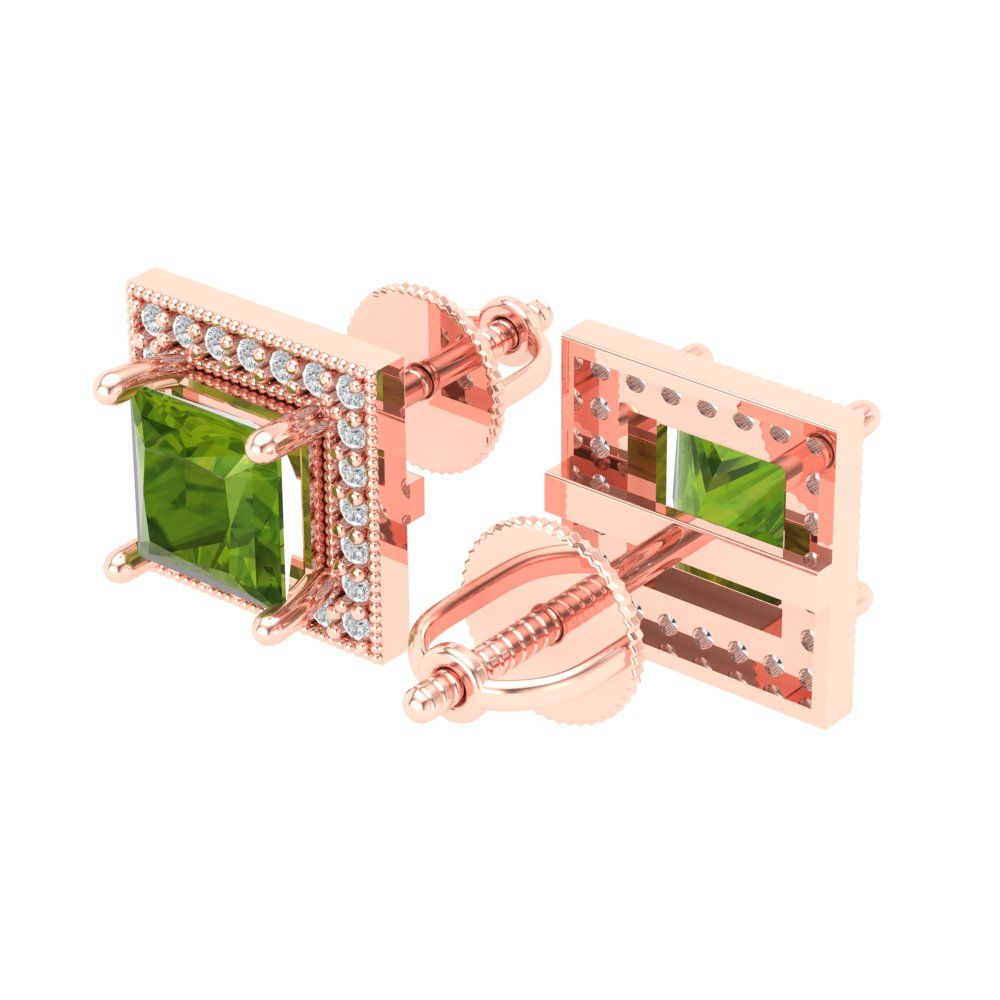 2.24 ctw Peridot Studs Earrings | 5.5mm Princess Cut White Gold Screw back | August Birthstone