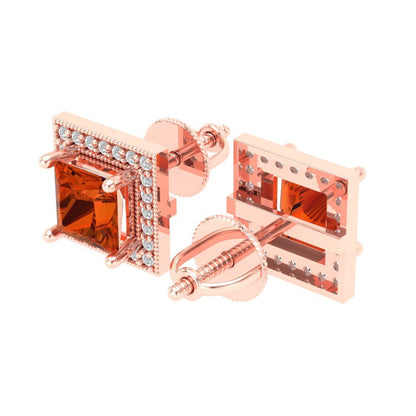 2.24 ctw Red Zirconia Studs Earrings | 5.5mm Princess Cut White Gold Screw back | April Birthstone