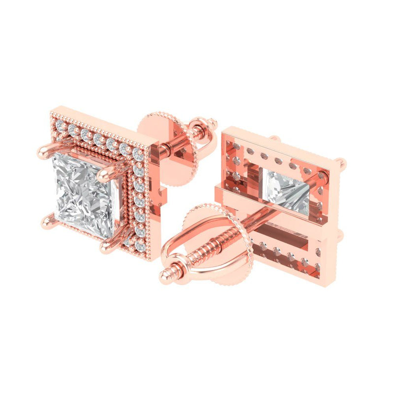 2.24 ct Brilliant Princess Cut Halo Studs Natural Diamond Stone Clarity SI1-2 Color G-H Rose Gold Earrings Screw back