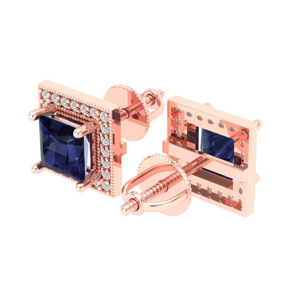 2.24 ctw Blue Sapphire Studs Earrings | 5.5mm Princess Cut White Gold Screw back | September Birthstone