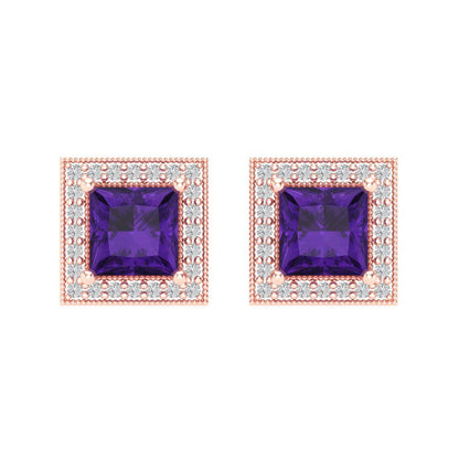 2.24 ctw Amethyst Studs Earrings | 5.5mm Princess Cut White Gold Screw back | February Birthstone