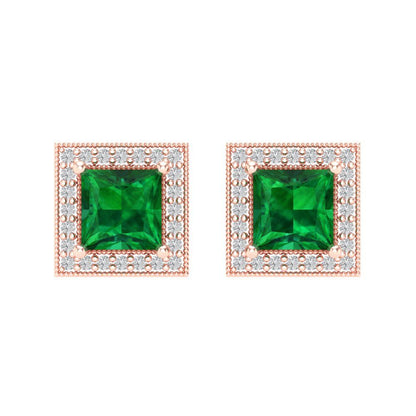 2.24 ctw Emerald Studs Earrings | 5.5mm Princess Cut White Gold Screw back | May Birthstone