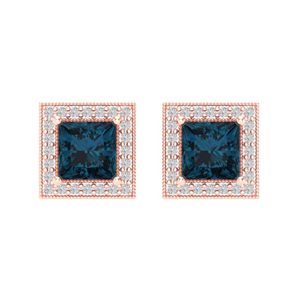 2.24 ctw London Blue Topaz Studs Earrings | 5.5mm Princess Cut White Gold Screw back | December Birthstone