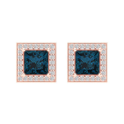 2.24 ctw London Blue Topaz Studs Earrings | 5.5mm Princess Cut White Gold Screw back | December Birthstone