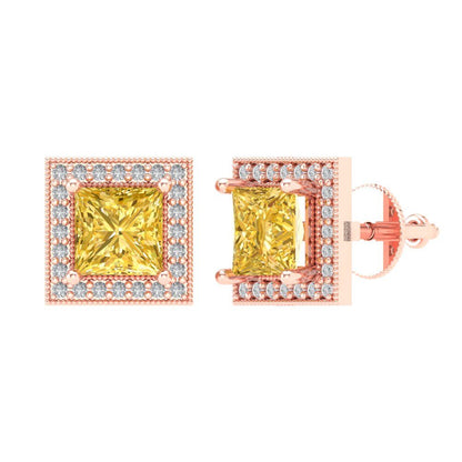 2.24 ctw Yellow Zirconia Studs Earrings | 5.5mm Princess Cut White Gold Screw back | April Birthstone