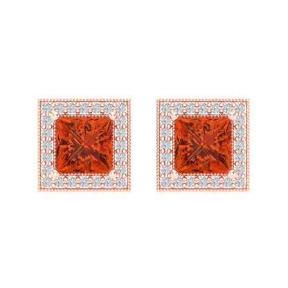 2.24 ctw Red Zirconia Studs Earrings | 5.5mm Princess Cut White Gold Screw back | April Birthstone