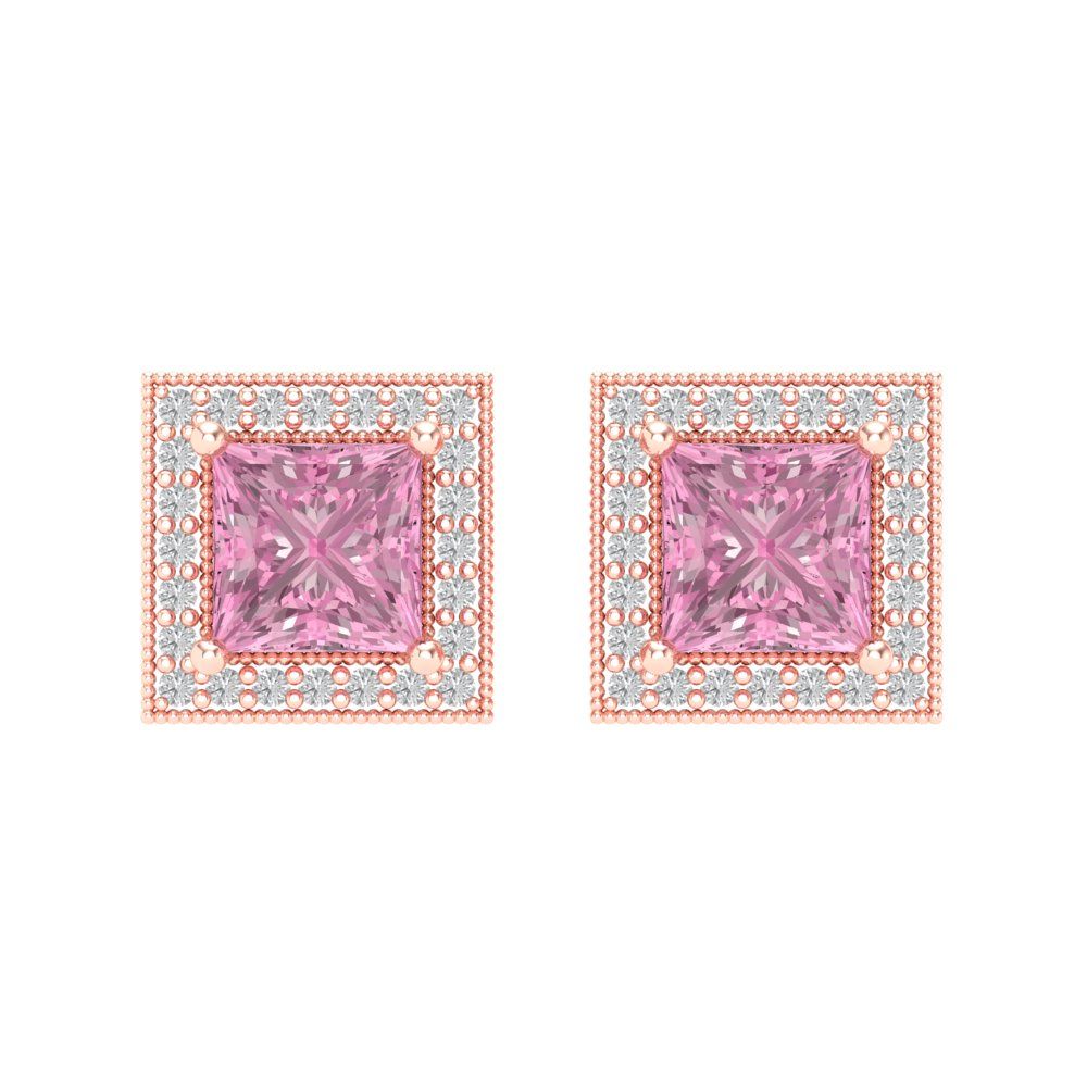 2.24 ctw Pink Zirconia Studs Earrings | 5.5mm Princess Cut White Gold Screw back | April Birthstone