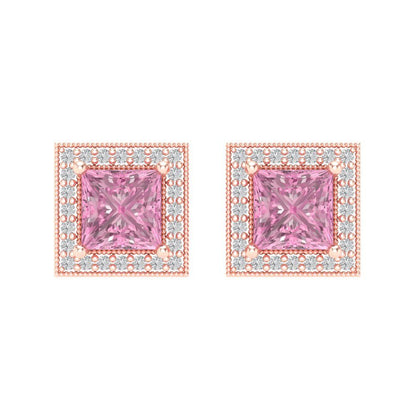 2.24 ctw Pink Zirconia Studs Earrings | 5.5mm Princess Cut White Gold Screw back | April Birthstone