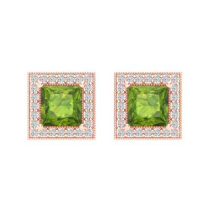 2.24 ctw Peridot Studs Earrings | 5.5mm Princess Cut White Gold Screw back | August Birthstone