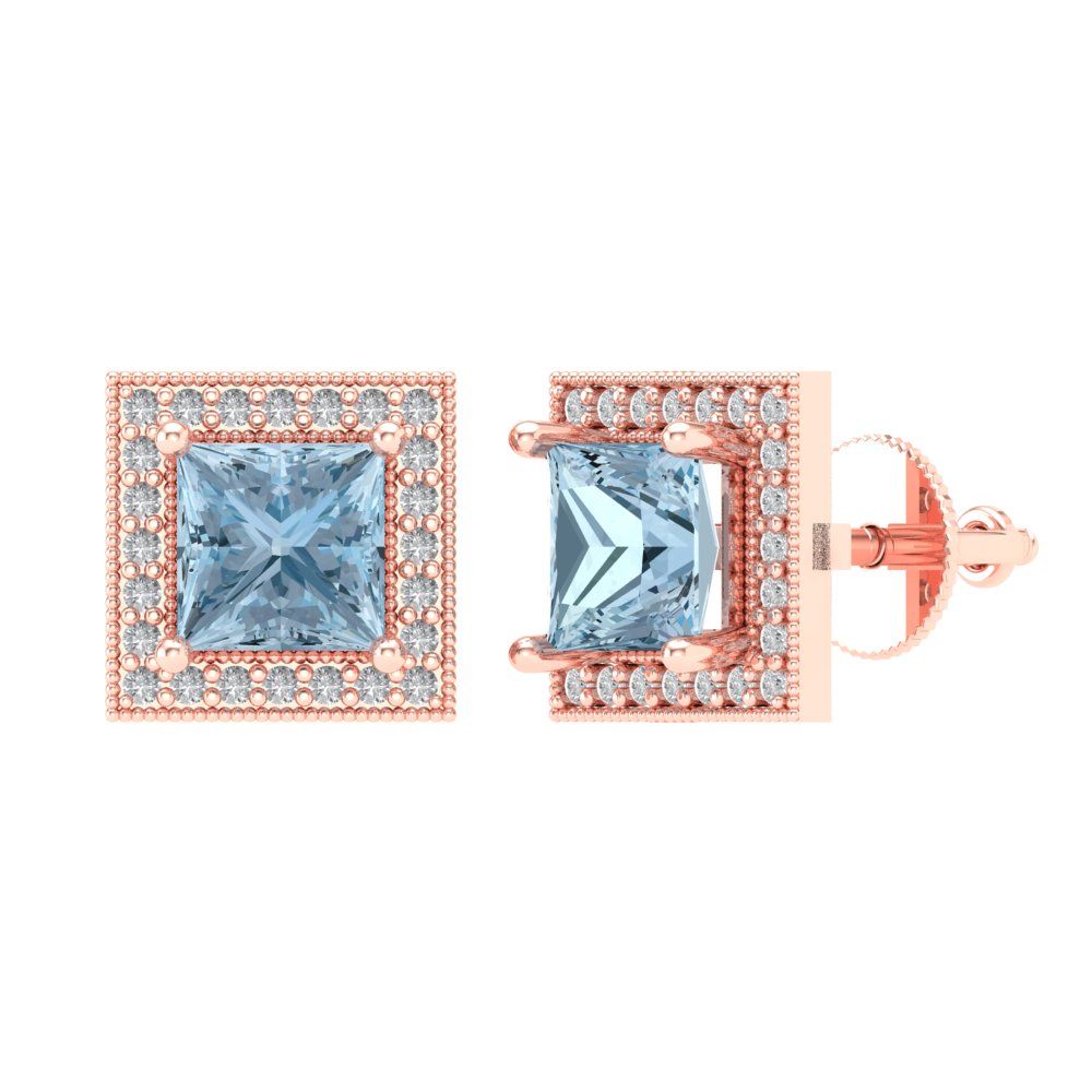 2.24 ctw Blue Zirconia Studs Earrings | 5.5mm Princess Cut White Gold Screw back | April Birthstone