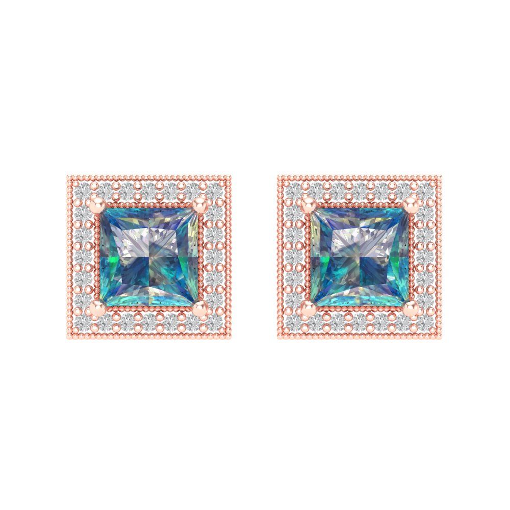 2.24 ctw Blue Moissanite Studs Earrings | 5.5mm Princess Cut White Gold Screw back | April Birthstone
