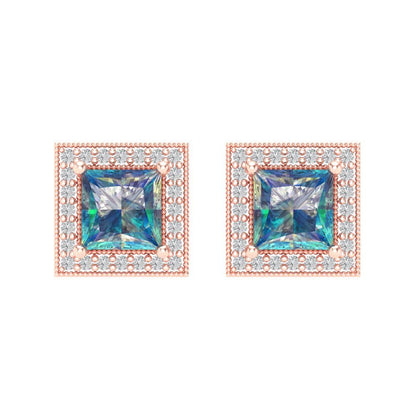2.24 ctw Blue Moissanite Studs Earrings | 5.5mm Princess Cut White Gold Screw back | April Birthstone