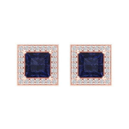 2.24 ctw Blue Sapphire Studs Earrings | 5.5mm Princess Cut White Gold Screw back | September Birthstone