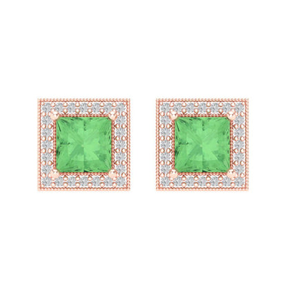 2.24 ctw Green Zirconia Studs Earrings | 5.5mm Princess Cut White Gold Screw back | April Birthstone