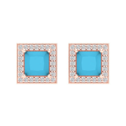 2.24 ctw Turquoise Studs Earrings | 5.5mm Princess Cut White Gold Screw back | December Birthstone
