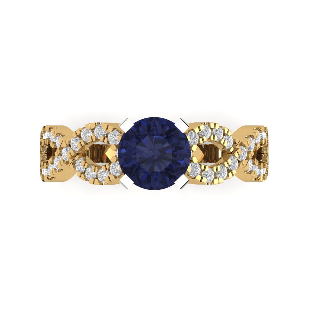 1.42 cttw Simulated Blue Sapphire Solitaire with Zirconia Simulated Diamond Accents Engagement Ring - Solid Yellow/White Gold (VVS1, Round Cut,6.5mm)