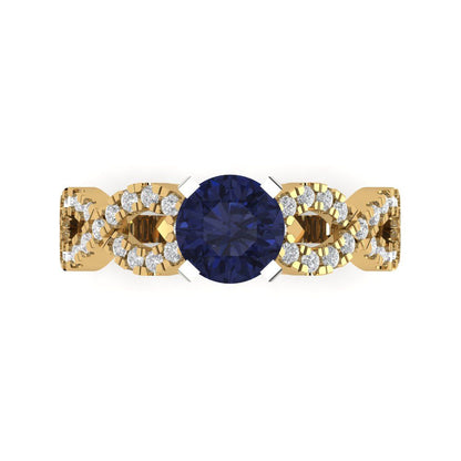 1.42 cttw Simulated Blue Sapphire Solitaire with Zirconia Simulated Diamond Accents Engagement Ring - Solid Yellow/White Gold (VVS1, Round Cut,6.5mm)