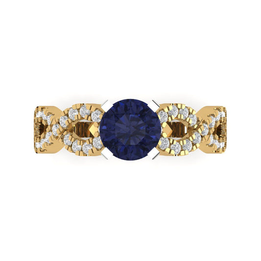 1.42 cttw Simulated Blue Sapphire Solitaire with Zirconia Simulated Diamond Accents Engagement Ring - Solid Yellow/White Gold (VVS1, Round Cut,6.5mm)