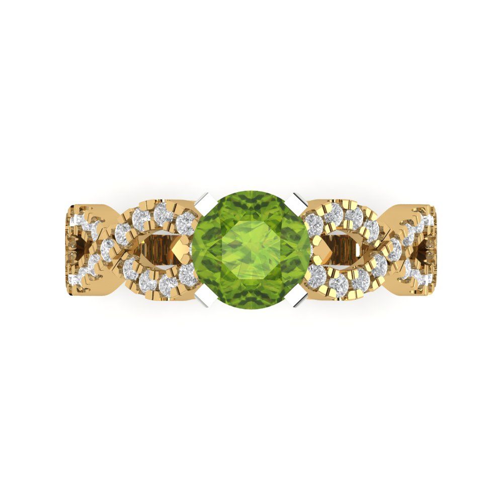 1.42 cttw Natural Peridot Solitaire with Zirconia Simulated Diamond Accents Engagement Ring - Solid Yellow/White Gold (VVS1, Round Cut,6.5mm)