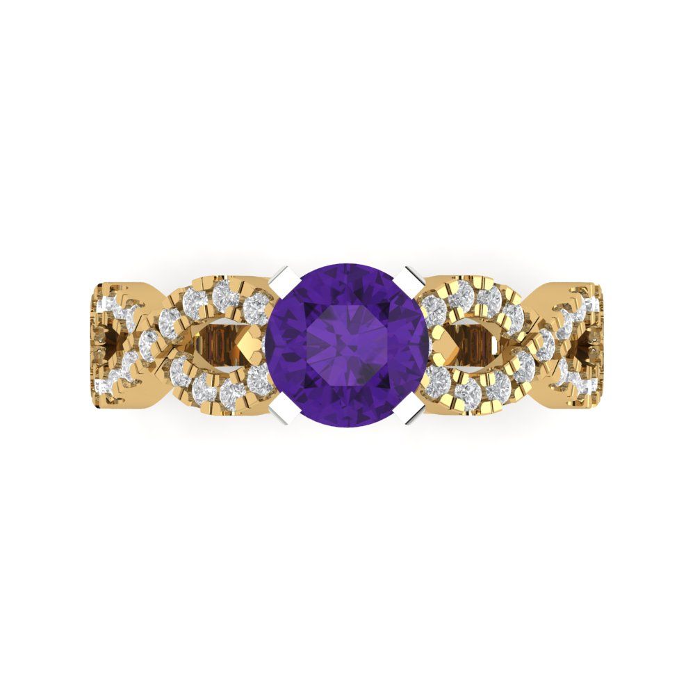 1.42 cttw Natural Amethyst Solitaire with Zirconia Simulated Diamond Accents Engagement Ring - Solid Yellow/White Gold (VVS1, Round Cut,6.5mm)