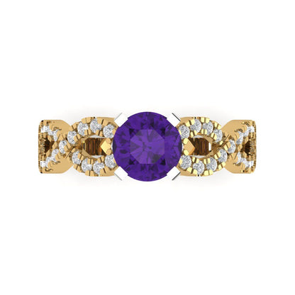 1.42 cttw Natural Amethyst Solitaire with Zirconia Simulated Diamond Accents Engagement Ring - Solid Yellow/White Gold (VVS1, Round Cut,6.5mm)