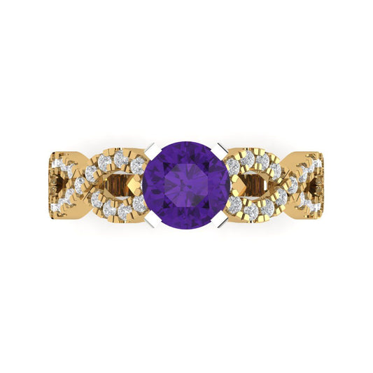 1.42 cttw Natural Amethyst Solitaire with Zirconia Simulated Diamond Accents Engagement Ring - Solid Yellow/White Gold (VVS1, Round Cut,6.5mm)