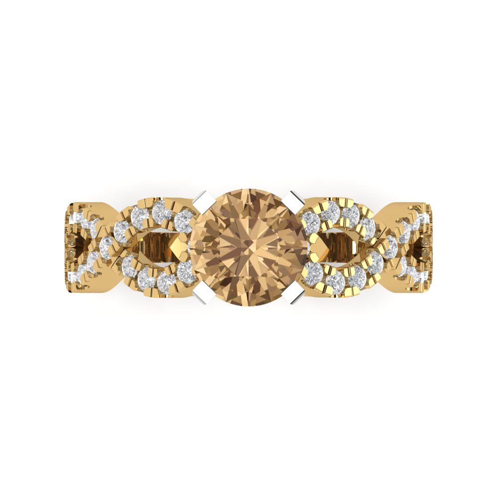 1.42 cttw Zirconia Simulated Champagne Diamond Solitaire with Zirconia Simulated Diamond Accents Engagement Ring - Solid Yellow/White Gold (VVS1, Round Cut,6.5mm)