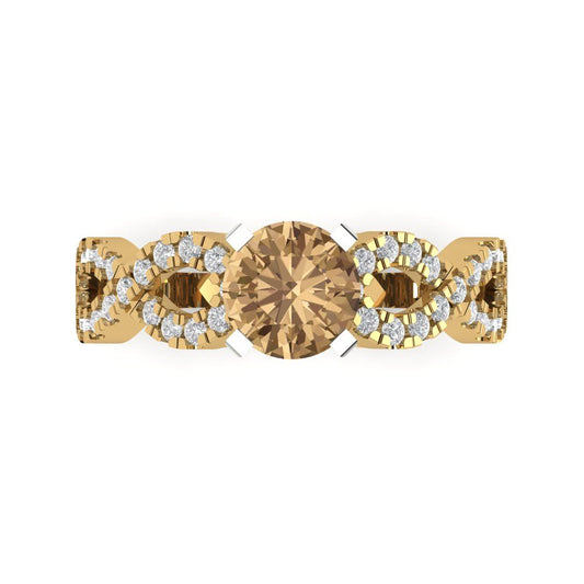 1.42 cttw Zirconia Simulated Champagne Diamond Solitaire with Zirconia Simulated Diamond Accents Engagement Ring - Solid Yellow/White Gold (VVS1, Round Cut,6.5mm)