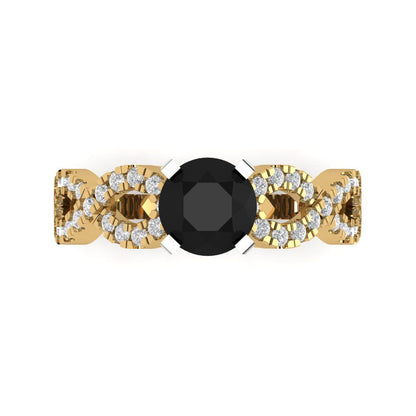 1.42 cttw Natural Onyx Solitaire with Zirconia Simulated Diamond Accents Engagement Ring - Solid Yellow/White Gold (VVS1, Round Cut,6.5mm)