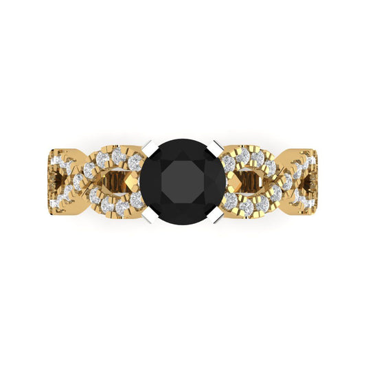 1.42 cttw Natural Onyx Solitaire with Zirconia Simulated Diamond Accents Engagement Ring - Solid Yellow/White Gold (VVS1, Round Cut,6.5mm)