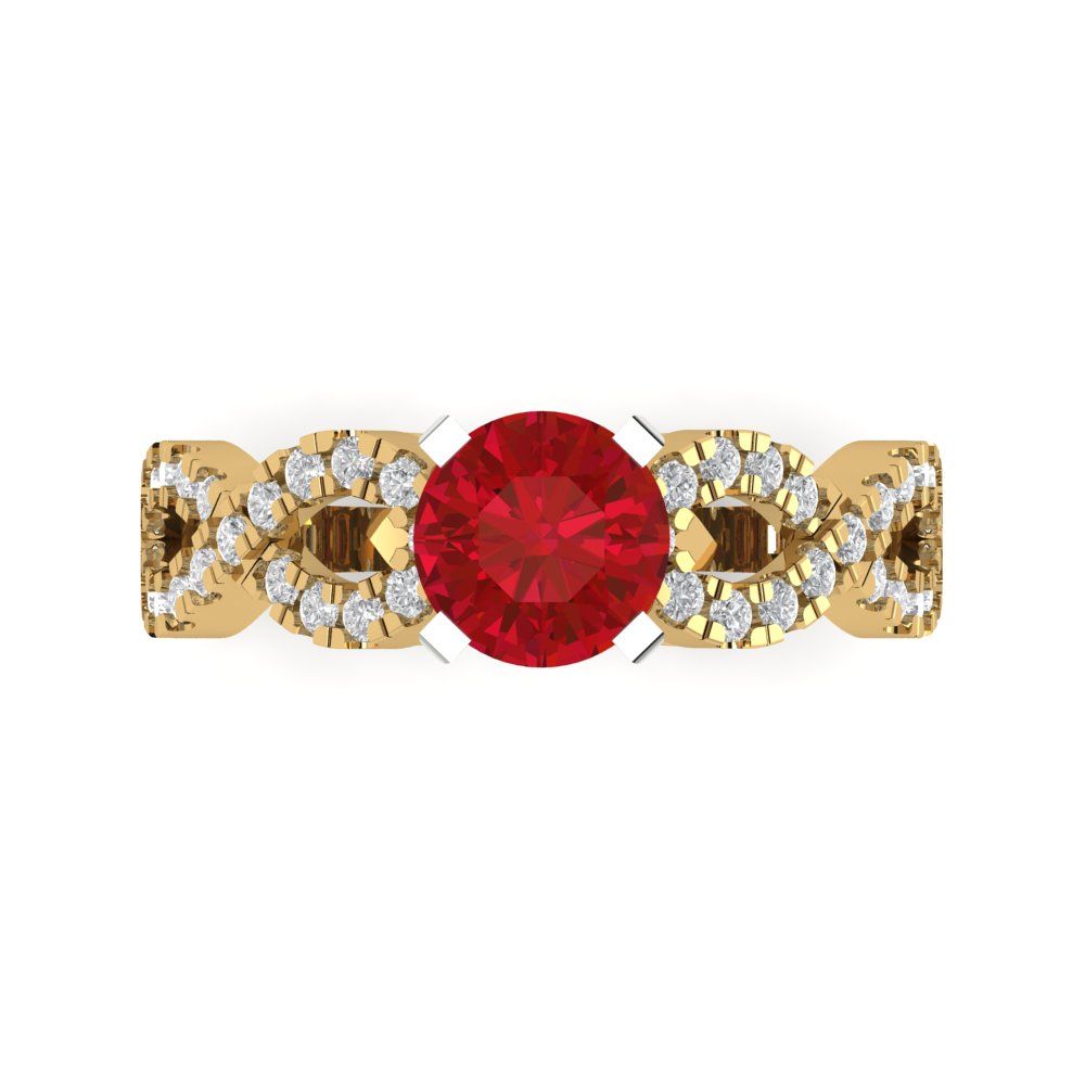 1.42 cttw Simulated Ruby Solitaire with Zirconia Simulated Diamond Accents Engagement Ring - Solid Yellow/White Gold (VVS1, Round Cut,6.5mm)