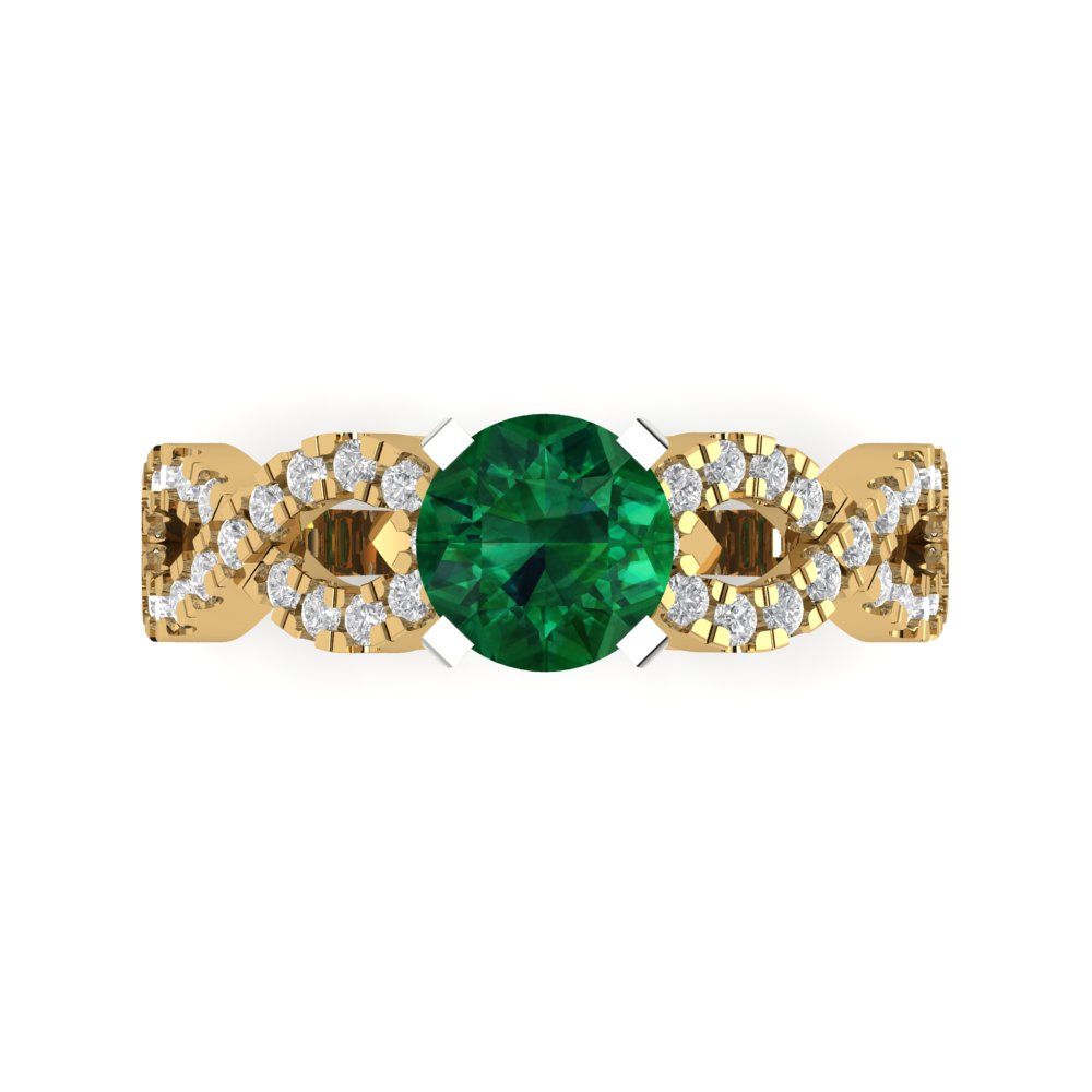 1.42 cttw Simulated Emerald Solitaire with Zirconia Simulated Diamond Accents Engagement Ring - Solid Yellow/White Gold (VVS1, Round Cut,6.5mm)