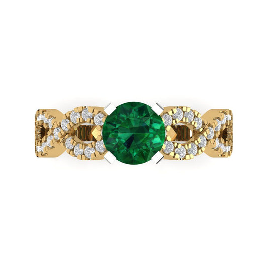 1.42 cttw Simulated Emerald Solitaire with Zirconia Simulated Diamond Accents Engagement Ring - Solid Yellow/White Gold (VVS1, Round Cut,6.5mm)