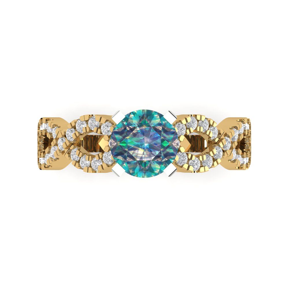 1.42 cttw Blue Moissanite Solitaire with Zirconia Simulated Diamond Accents Engagement Ring - Solid Yellow/White Gold (VVS1, Round Cut,6.5mm)
