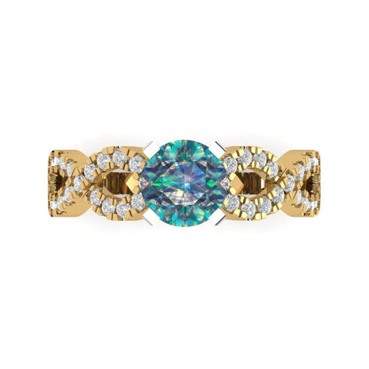 1.42 cttw Blue Moissanite Solitaire with Zirconia Simulated Diamond Accents Engagement Ring - Solid Yellow/White Gold (VVS1, Round Cut,6.5mm)
