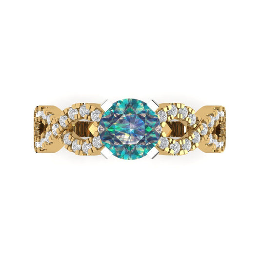 1.42 cttw Blue Moissanite Solitaire with Zirconia Simulated Diamond Accents Engagement Ring - Solid Yellow/White Gold (VVS1, Round Cut,6.5mm)