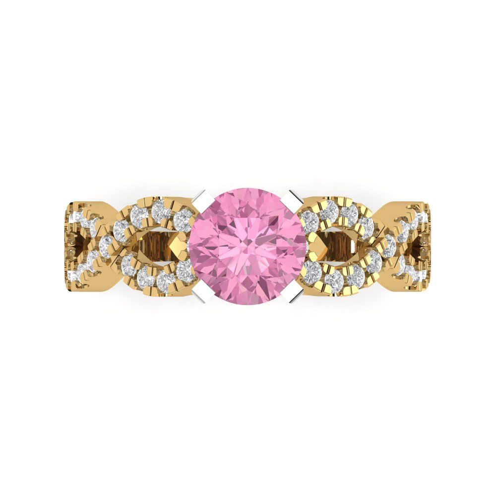 1.42 cttw Zirconia Simulated Pink Diamond Solitaire with Zirconia Simulated Diamond Accents Engagement Ring - Solid Yellow/White Gold (VVS1, Round Cut,6.5mm)