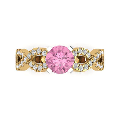 1.42 cttw Zirconia Simulated Pink Diamond Solitaire with Zirconia Simulated Diamond Accents Engagement Ring - Solid Yellow/White Gold (VVS1, Round Cut,6.5mm)