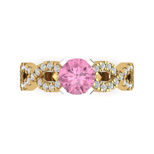 1.42 cttw Zirconia Simulated Pink Diamond Solitaire with Zirconia Simulated Diamond Accents Engagement Ring - Solid Yellow/White Gold (VVS1, Round Cut,6.5mm)