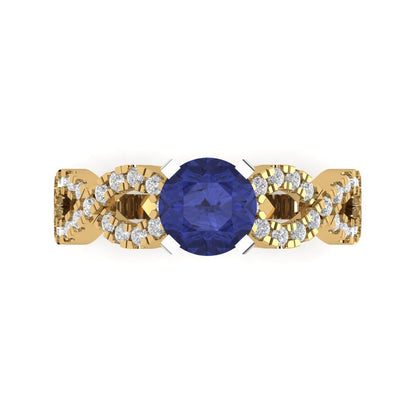 1.42 cttw Simulated Tanzanite Solitaire with Zirconia Simulated Diamond Accents Engagement Ring - Solid Yellow/White Gold (VVS1, Round Cut,6.5mm)