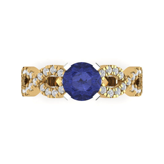 1.42 cttw Simulated Tanzanite Solitaire with Zirconia Simulated Diamond Accents Engagement Ring - Solid Yellow/White Gold (VVS1, Round Cut,6.5mm)