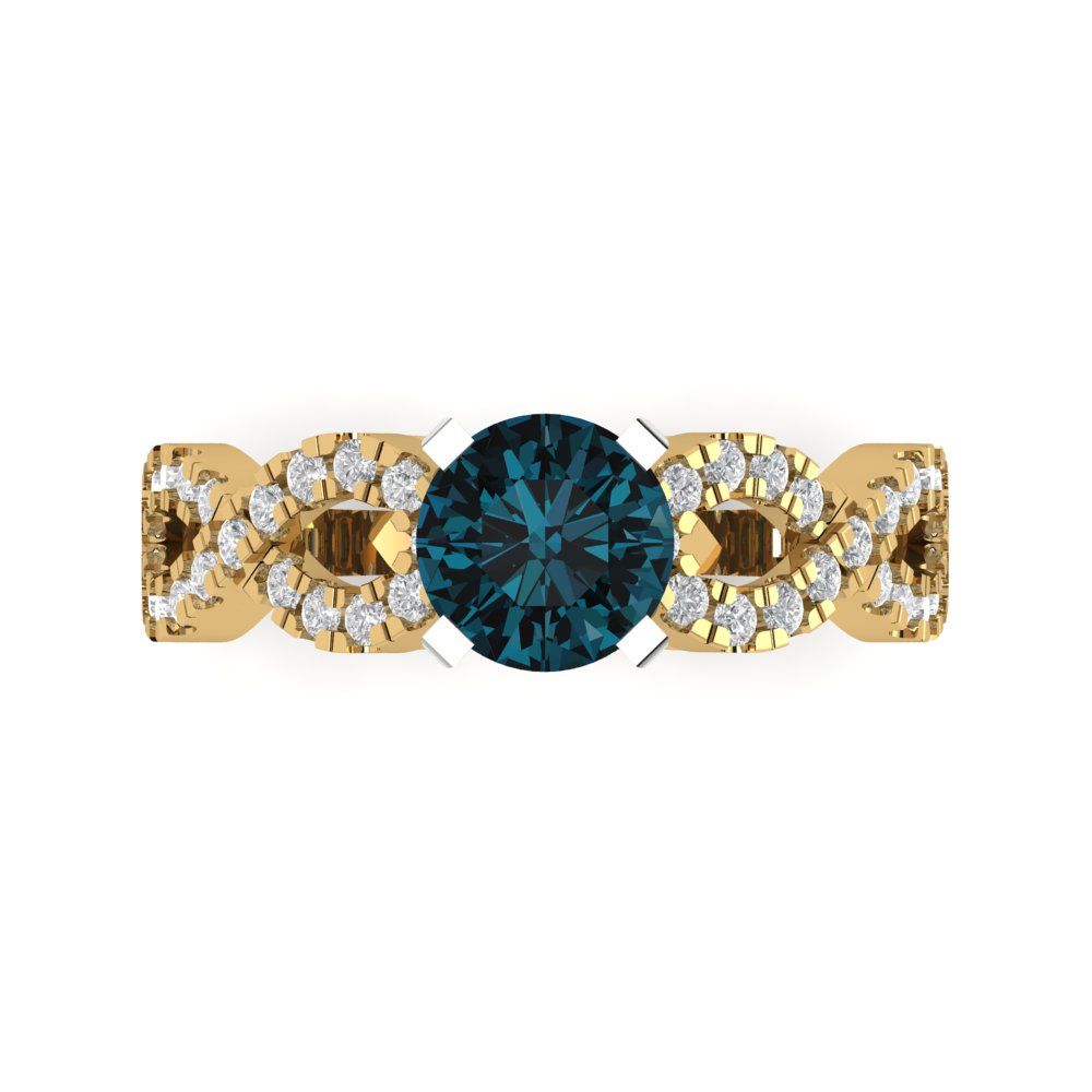 1.42 cttw Natural London Blue Topaz Solitaire with Zirconia Simulated Diamond Accents Engagement Ring - Solid Yellow/White Gold (VVS1, Round Cut,6.5mm)